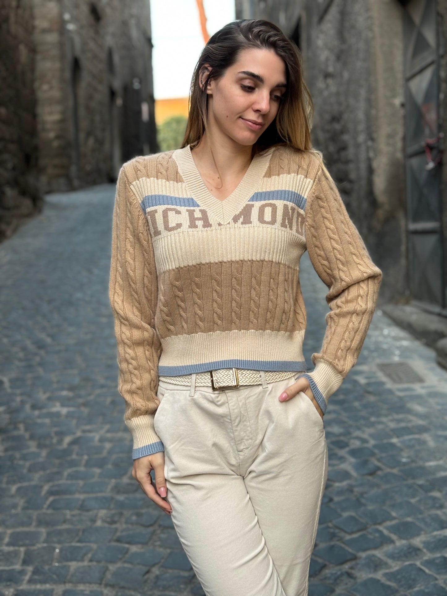 Maglione a V treccia Richmond