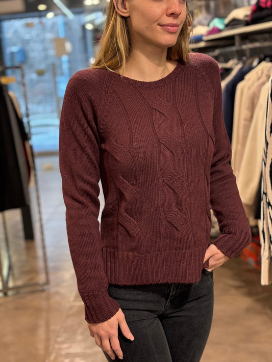 Maglione pura lana treccia bordeaux